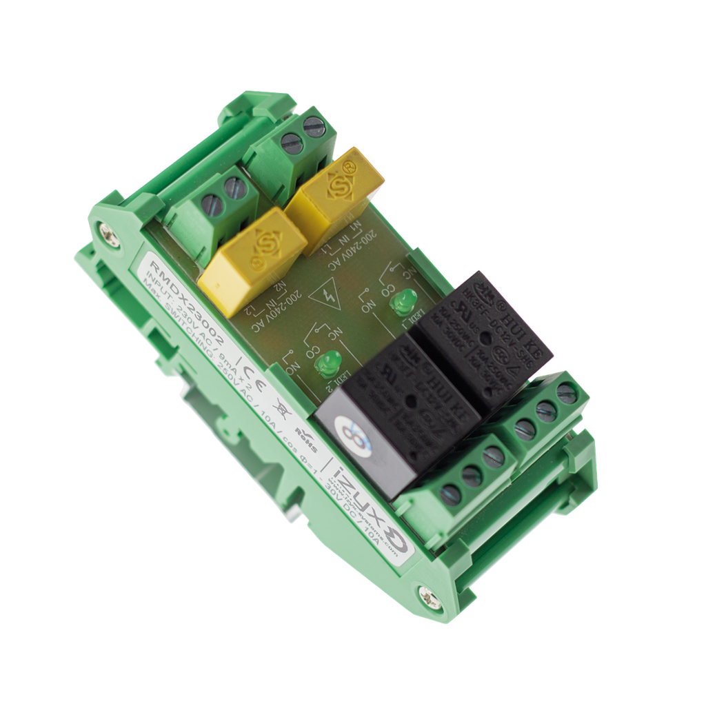 Relais rail DIN 230VAC 2 relais/LEDs - Max. 250VAC/10A - 30VDC/10A (RMDX2302)