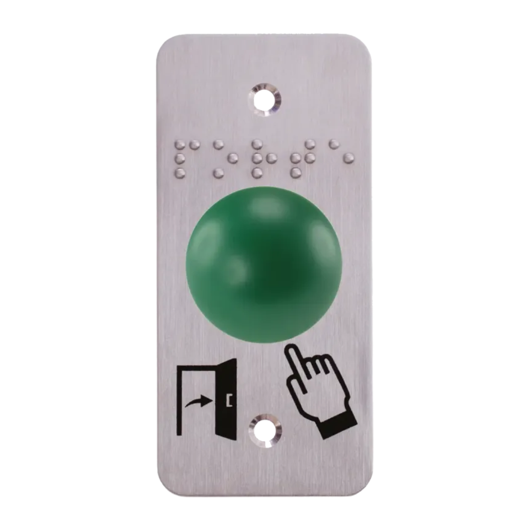 Bouton poussoir ergonomique, dôme vert en aluminium, sur plaque étroite