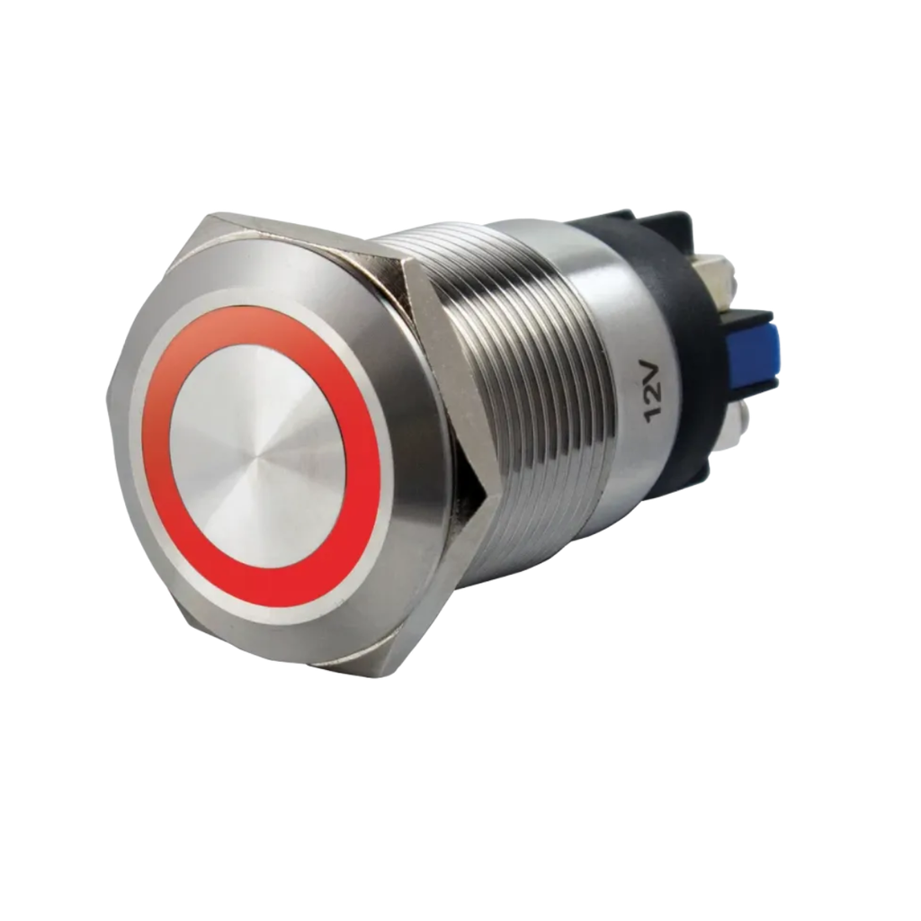 Bouton poussoir, Ø 19 mm, en acier inoxydable, bornes à vis, halo rouge