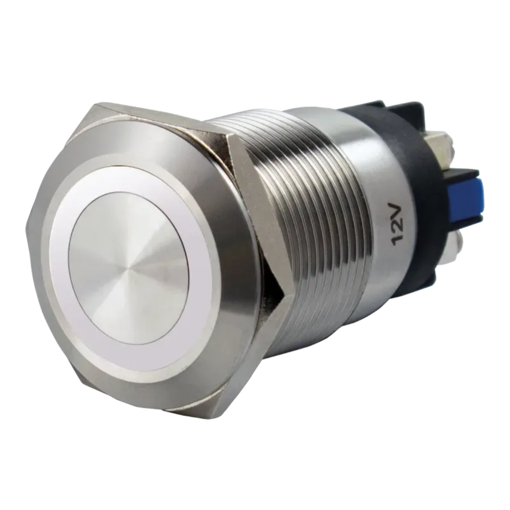 Bouton poussoir, Ø 19 mm, en acier inoxydable, bornes à vis, halo blanc