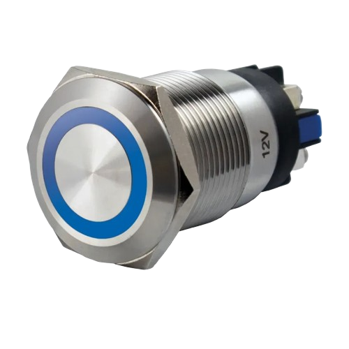 [SS19B12] Bouton poussoir, Ø 19 mm, en acier inoxydable, bornes à vis, halo bleu (BP-LU/VIS)